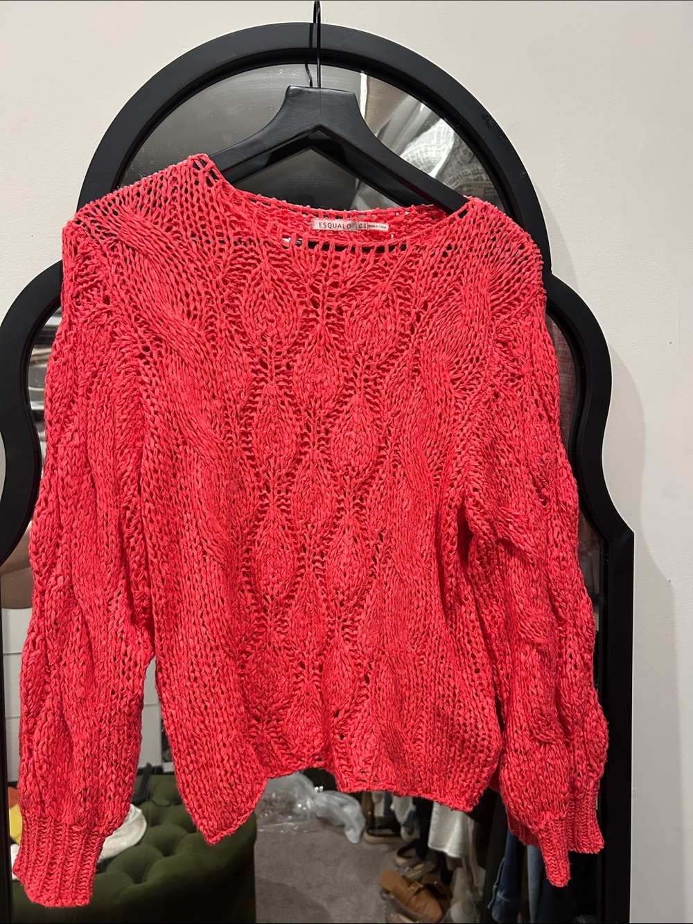 ESQUALO Bright Coral Open-Knit Crewneck Sweater
